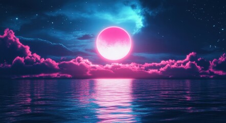 Space Landscape. Futuristic Neon Abstract: Dark Scene with Moonlight Reflection on Water Surface