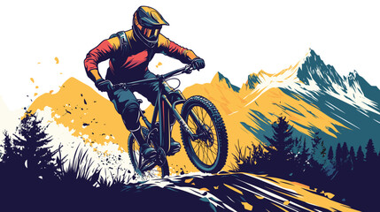 vector design for t-shirt of A mountain biker in gear, riding down an alpine trail with mountains behind him., isolated on white, 2d clip art. Outdoors healthy lifestyle, sports activity.