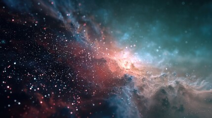 Naklejka premium A breathtaking view of a nebula, swirling clouds of gas and dust illuminated by distant stars. Shades of teal, orange, and deep blue create a mesmerizing cosmic landscape.