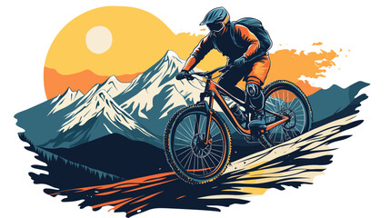 Fototapeta premium vector design for t-shirt of A mountain biker in gear, riding down an alpine trail with mountains behind him., isolated on white, 2d clip art. Outdoors healthy lifestyle, sports activity.
