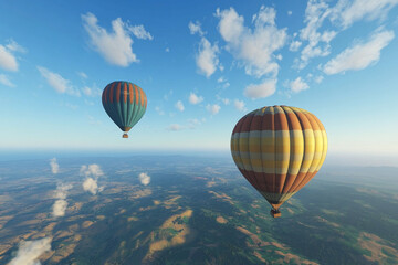 Two hot air balloons soar above a vast, sunlit landscape, showcasing a serene and adventurous scene, symbolizing freedom, travel, and exploration