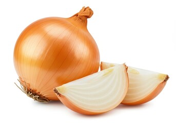 Whole yellow onion with two cut wedges on a white surface in a studio setting for culinary use