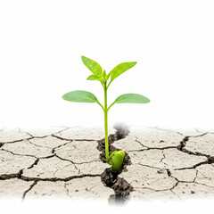Green Plant Growing from Cracked Ground on White Background