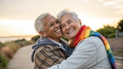 Smiling LGBTQ senior couple hugging in nature.
