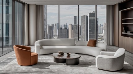 Modern, sophisticated living room with panoramic city view