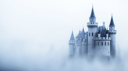 Obraz premium majestic castle rises through mist, showcasing its towers and turrets in dreamy, ethereal landscape