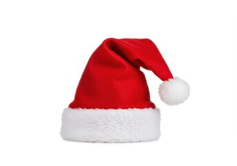 Isolated santa hat with white fur trim and pom pom on a white background for holiday cheer