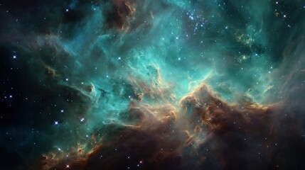 Fototapeta premium A mesmerizing cosmic landscape of teal and amber nebulae, speckled with distant stars. Vast, ethereal beauty.