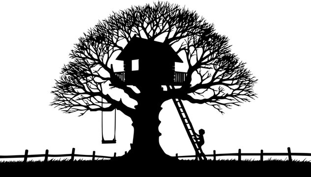 A black and white silhouette of a child climbing a ladder into a treehouse on a white isolated background. Vector graphics. EPS.