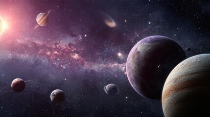 A breathtaking view of a galaxy with vibrant colors and planets of different sizes and hues.