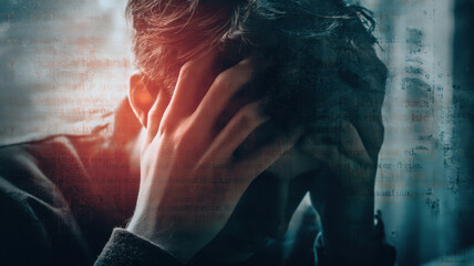 Depressed Male in Virtual Fragmentation a high-resolution, conceptual visual design ideal for use in digital media, stock content, or educational and marketing applications.