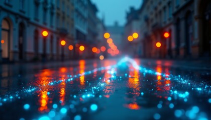 Obraz premium Iridescent Data Streams Reflecting Through A Rain-Slicked European Cityscape At Twilight