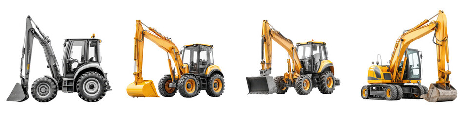 Array of heavy construction including excavators, backhoes, and tractors.