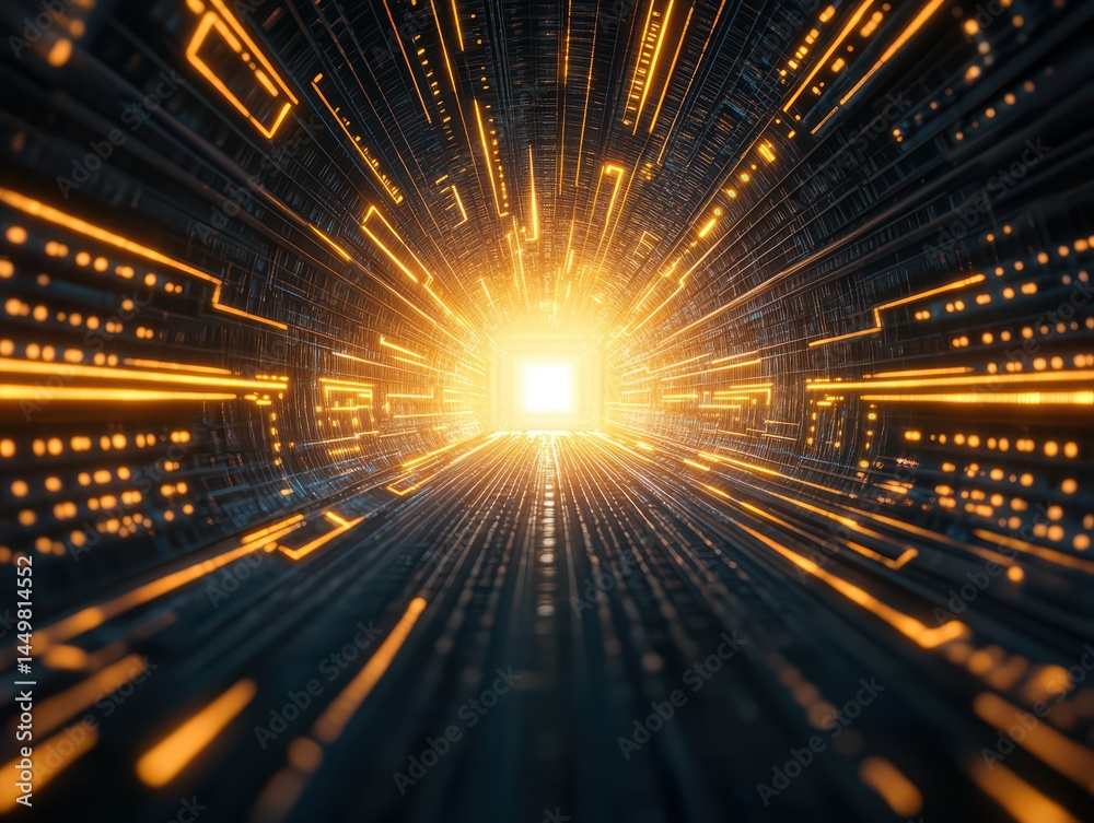 Poster glowing digital tunnel with bright light at end surrounded by colorful data streams and binary patte