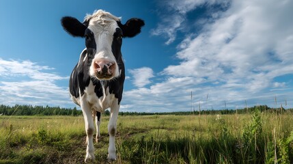A black and white cow standing in a field with a blue sky and white clouds on a sunny day outdoors