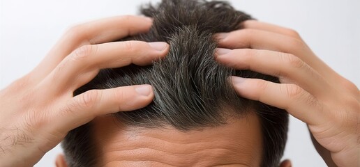 Fototapeta premium Close-up of hands massaging the head, showing signs of hair loss and grey strands on a man's dark