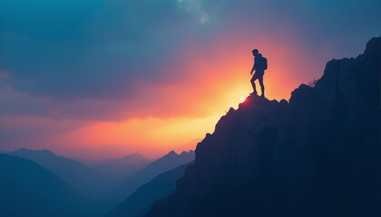 Serene Silhouette Ascending Mountain Peak During Dawn's Golden Light