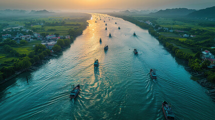 Serene River Dance: Fishing Boats Weave Patterns on a Meandering River