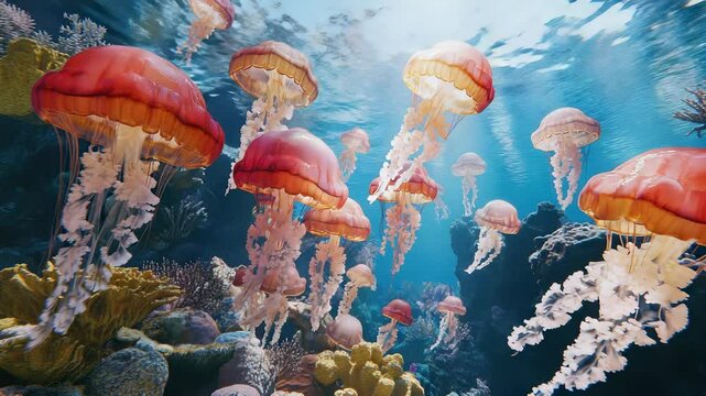 Colorful jellyfish swimming gracefully in a vibrant coral reef underwater ecosystem
