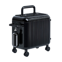 Fototapeta premium Modern black portable rolling suitcase with sturdy telescoping handle four wheels durable hard shell with ridged design compact travel bag for baggage travel on transparent background