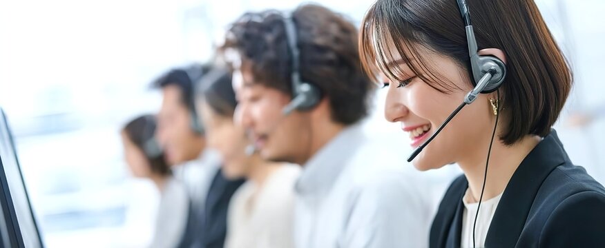 Japanese call center staff working together, smiling faces wearing headsets in an office setting,