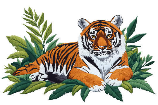 embroidered tigher sitting on green leaves isolated png transparent cutout