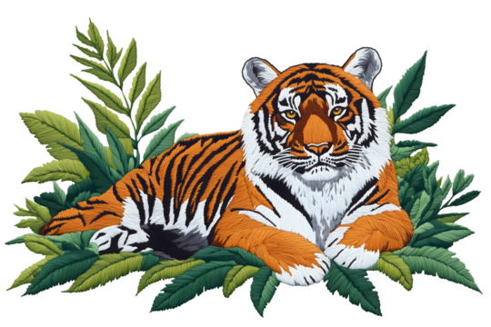 embroidered tigher sitting on green leaves isolated png transparent cutout
