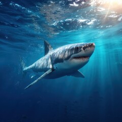 Fototapeta premium Majestic Great White Shark Gliding Gracefully Through Deep Blue Ocean Water Surrounded by Sunlight Creating a Stunning Underwater Scene of Nature