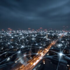 Fototapeta premium Vibrant Cityscape at Night Illuminated by Bright Lights and Intricate Connections Representing Modern Technology and Urban Energy in a Dynamic Environment
