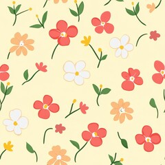 Colorful Floral Pattern on Light Background with Red, Peach, and White Flowers.