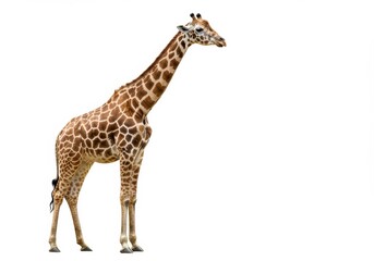 Obraz premium Full body shot of a giraffe standing tall against a bright white background in a studio setting