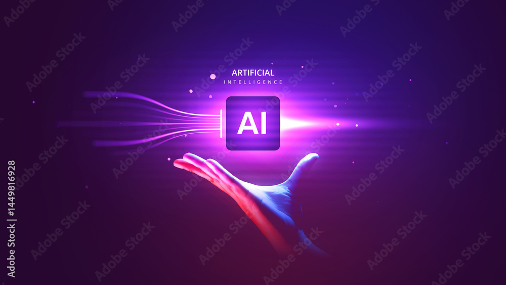 Poster ai hand interaction with artificial intelligence technology data and digital network connection.
