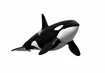 Killer whale swimming with black and white markings on a white background in a studio shot
