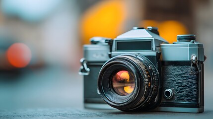 Close up shot of a vintage slr camera with a reflective lens on a blurred background outdoors