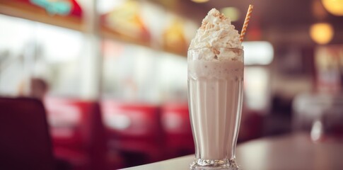 Obraz premium a milkshake with whipped cream in a glass on a blurred background of a retro diner interior