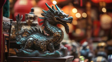 Fototapeta premium Colorful dragon figurine on festive market table