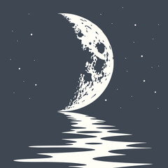 Half Moon Mirrored in Water Forming a Full Circle – Dreamy Celestial Vector Art for Mystical