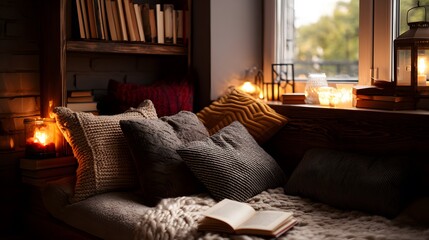 Fototapeta premium Cozy window seat with pillows, blanket, book, candles, and a bookshelf in a dimly lit room