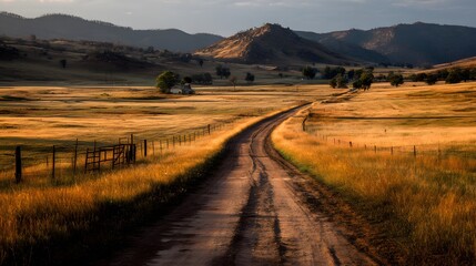 Naklejka premium Dirt road leading through golden fields towards distant mountains under a bright sky landscape
