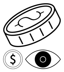Coin with dollar sign, eye, and circular currency elements emphasizing money, observation, and digital economy. Ideal for finance, security, cryptocurrency, transparency economy wealth simple