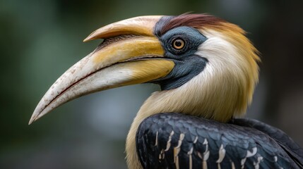 Obraz premium Close-up Portrait of a Rufous-necked Hornbill, Striking Crest and Bill Detail
