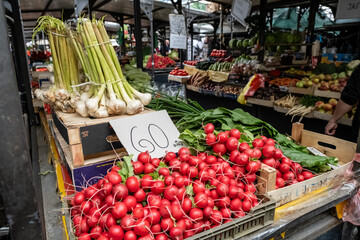 Radieschen und frischer Knoblauch auf serbischem Marktstand mit Preisschild