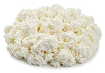 A heap of fresh white cottage cheese isolated on a white background, showing its lumpy texture