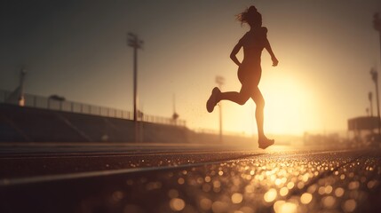 Silhouette of a woman running on a track during sunset with bright sunlight in the background