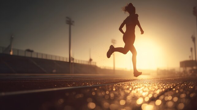 Silhouette of a woman running on a track during sunset with bright sunlight in the background