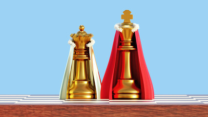golden chess king and queen with kings mantle on chessboard on blue background 3D rendering