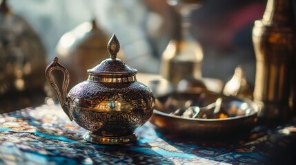 Traditional tea setup with brass kettle and cups