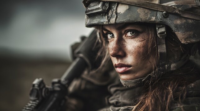 Close up of a female soldier with camouflage helmet and rifle looking intensely at the viewer