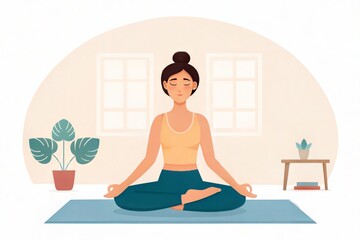 Woman practicing yoga at home, sitting in lotus pose with her eyes closed, focusing on mindfulness and inner peace.