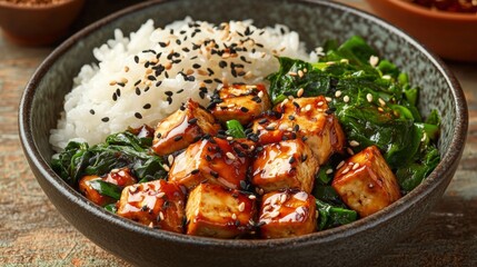 Delicious tofu stir-fry with rice kitchen food home top-down view